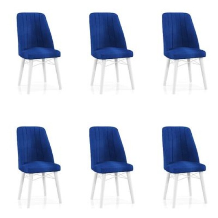 Set Scaune Berlin Babyface Albastru, 6 bucati, pentru living si bucatarie, tapitate cu material textile catifea, picioare albe, 98cm x 45cm x 45 cm - Desire Furniture