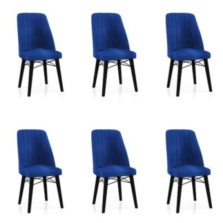 Set Scaune Berlin Babyface Albastru, 6 bucati, pentru living si bucatarie, tapitate cu material textile catifea, picioare negru, 98cm x 45cm x 45 cm - Desire Furniture