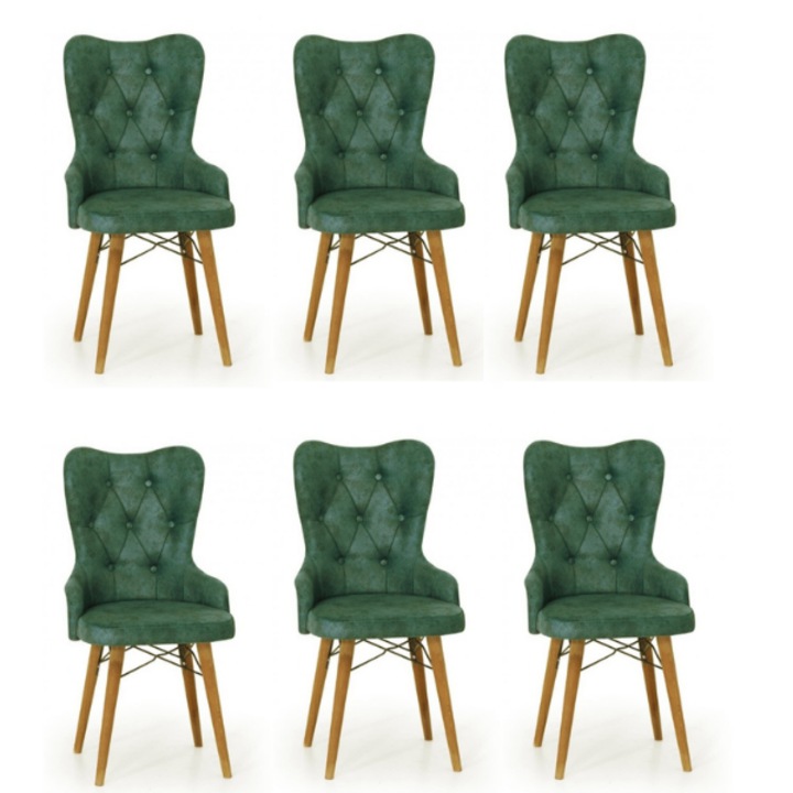 Комплект столове King Green, 6 части, за хол и кухня, тапицирани с дамаска, дървени крака, 98см x 45см x 45 см - Desire Furniture