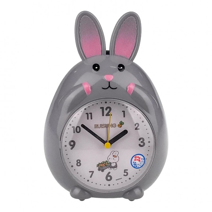 Ceas din plastic, de masa, in forma de iepure, cu lumina si muzica, 13x19 cm, multicolor, M1