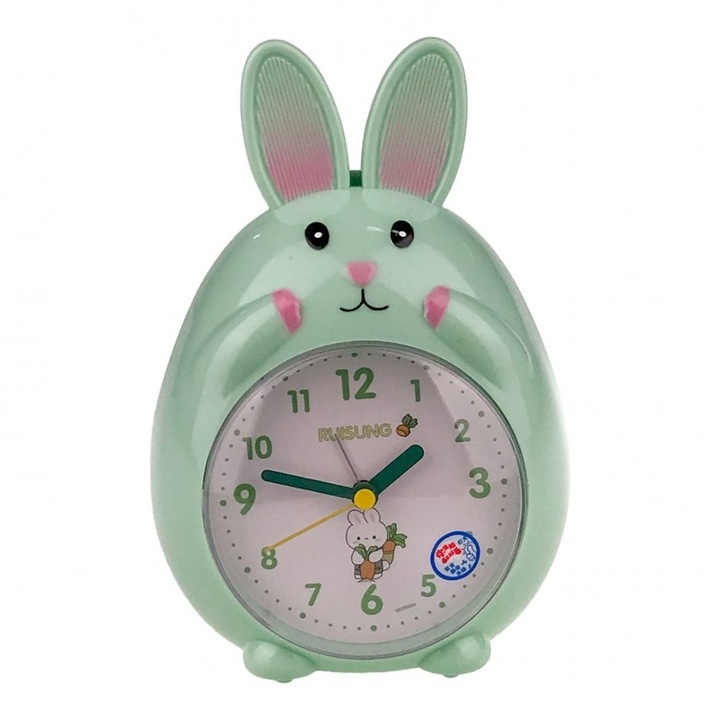 Ceas din plastic, de masa, in forma de iepure, cu lumina si muzica, 13x19 cm, multicolor, M2