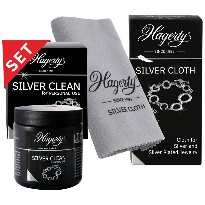 Set Hagerty pentru curatat bijuterii din argint, solutie si laveta