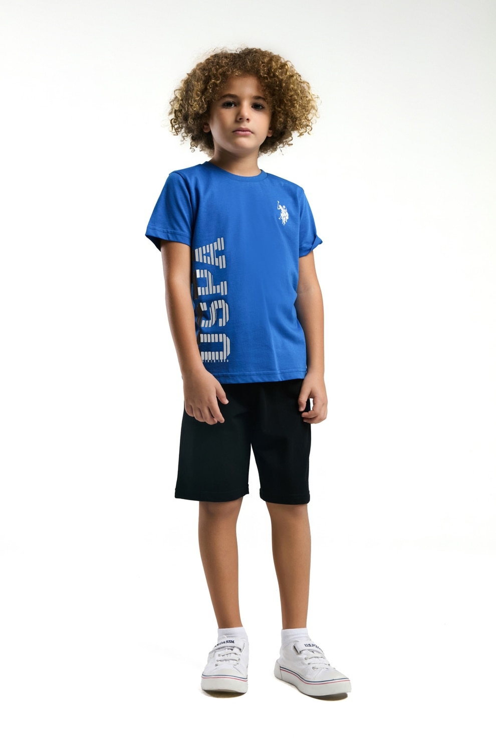 U.S. Polo Assn., Set de tricou cu decolteu la baza gatului si pantaloni, Alb, Negru, Albastru deschis, 104-110 CM