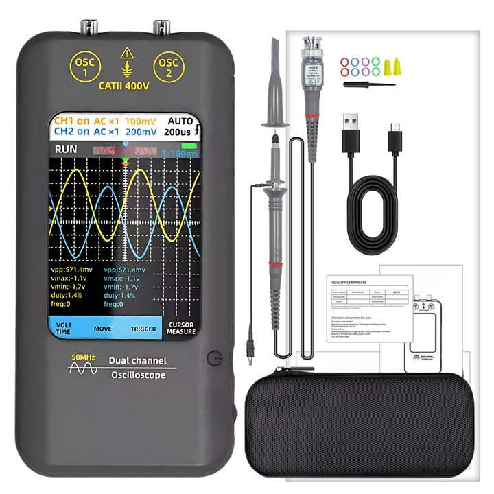 Digitális oszcilloszkóp, jelgenerátor, kétcsatornás, 50 MHz-es sávszélesség, 3, 98 hüvelykes LCD/TFT képernyő, többféle hullámforma, DDS generátor, 3000 mAh Li-Ion újratölt akkumulátor, Type-C számítógépes leképezés, adattárolási funkció, szürke