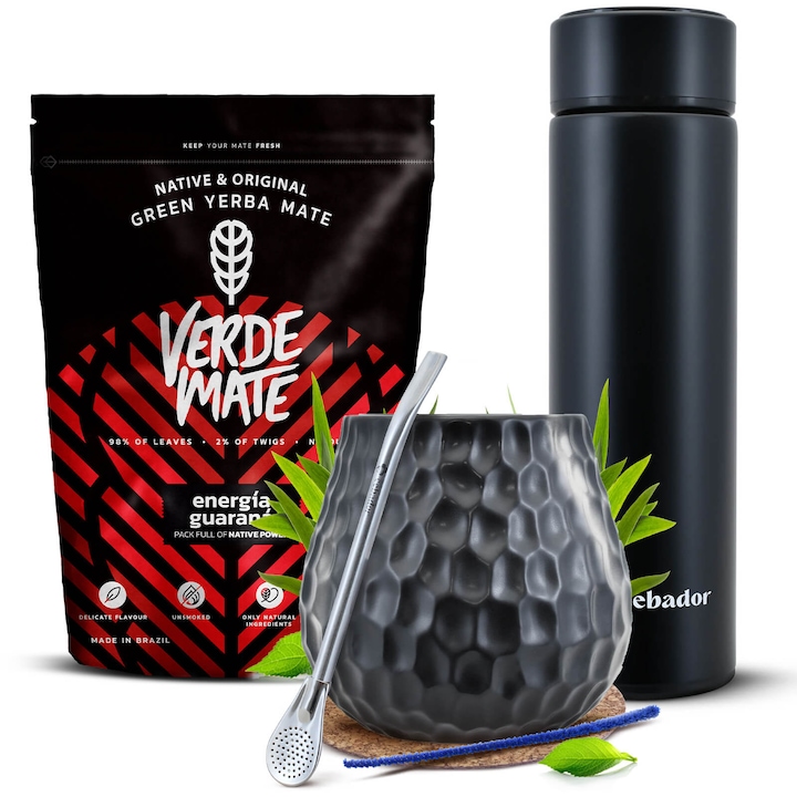 Комплект за чай Йерба Мате, Verde Mate Energia Guarana 400g, Термос LED Керамична чаша черна 400ml