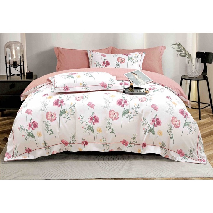 Lenjerie de Lux, Jojo Home, Bumbac finet, 6 piese, 2 persoane, 180x200cm, Imprimeu Flori de Camp Multicolor
