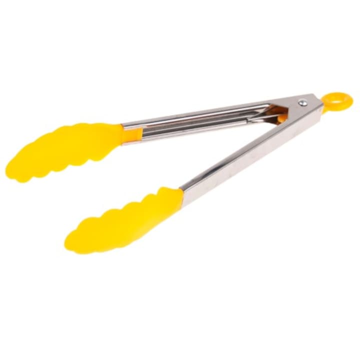 Cleste de bucatarie pentru servire, 25 cm, otel si plastic, inel de blocare, galben