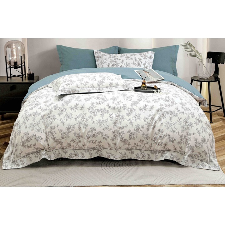 Lenjerie de Lux, Jojo Home, Bumbac finet, 6 piese, 2 persoane, 180x200cm, Imprimeu Floral, Ivoire-Gri Petrol