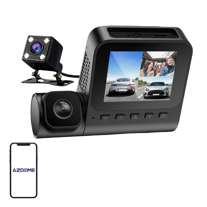1080p autókamera, 1080p belső kamera és VGA hátsó kamera Azdome V600-3CH, G-érzékelő