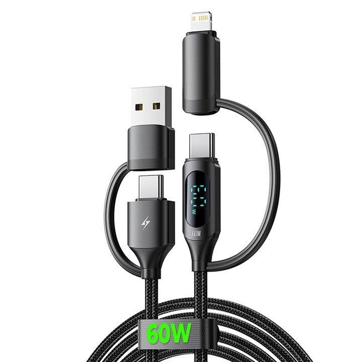 Töltő- és adatátviteli kábel, Timebox, gyorstöltés 60 W, 1,2 m, 4 az 1-ben, 2 x USB-C, USB, Lightning, integrált intelligens kijelző, kompatibilis Macbook, Android, Samsung, Huawei, Xiaomi, fekete