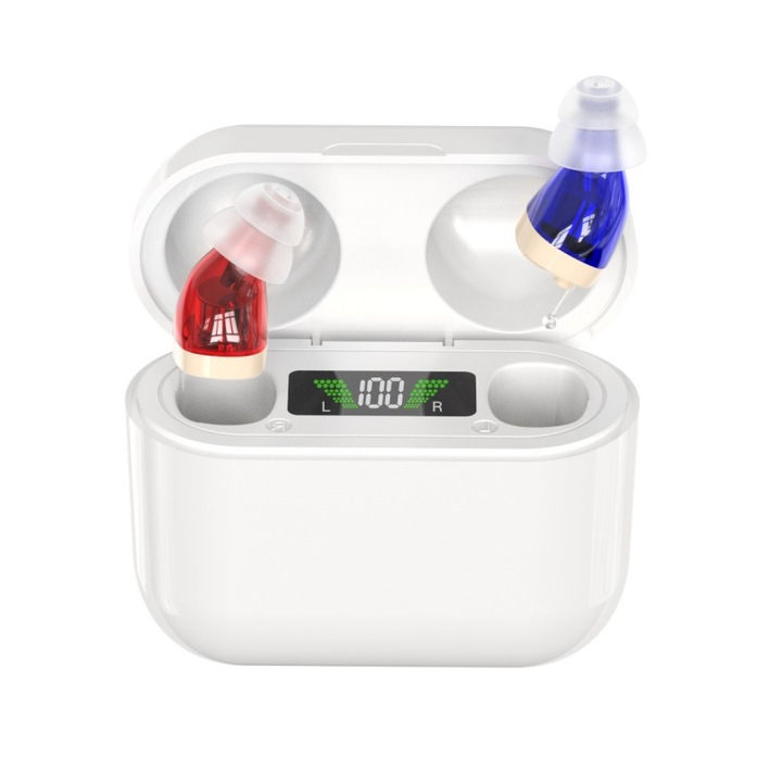 Aparat auditiv, 118dB, afisaj LED, durata de viata a bateriei 35 ore, incarcare 2 ore, calitate clara a sunetului, anulare inteligenta a zgomotului, amplificator de sunet pentru pierderea auzului moderata pana la severa, Tip-C, culoare rosie si albastra