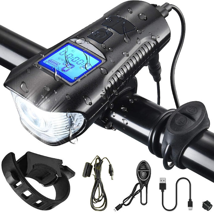 Велосипеден фар с циклокомпютър, 1 x Cree LED + 2 x LED, 1000 лумена, вграден клаксон, дисплей за скорост, разстояние, 1500mAh батерия, USB зареждане, водоустойчив, 4 светлинни режима, черен