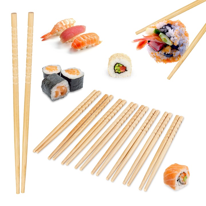 Set 10 Perechi Betisoare Bambus, Chopsticks Reutilizabile, pentru Sushi, Orez, Taitei, in Stil Asiatic