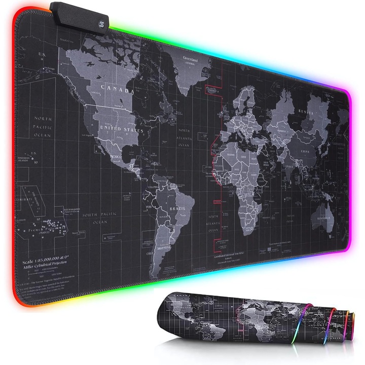 Професионална XXL геймърска подложка за мишка с LUVLU™ RGB осветление, 14 LED режима на осветяване, мека и устойчива на пръски повърхност, гумирана основа против хлъзгане, зашити ръбове, включен USB кабел, 900x400x4 mm, модел на карта на света