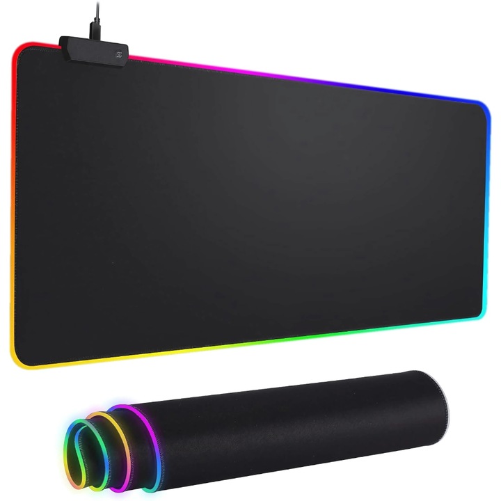 XXL геймърска подложка за мишка LUVLU™ с RGB осветление, 11 LED режима, 900x400x4 mm, неплъзгаща се гумирана основа, зашити ръбове, водоустойчива мека повърхност, USB кабел