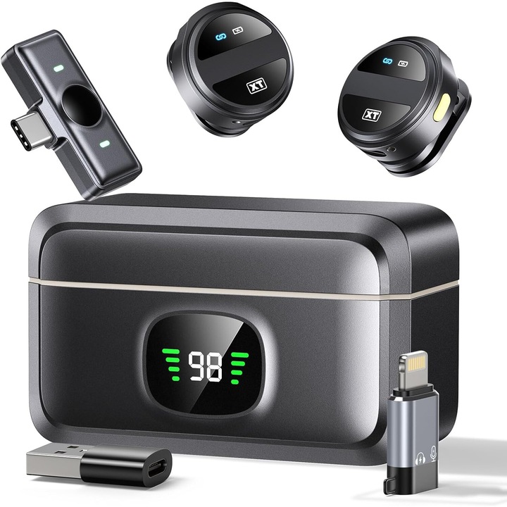 2 db professzionális Lavalier mikrofon készlet, VALA SX21, Android/Ios/Video kamerával kompatibilis, AI zajcsökkentés, 360º-os mindenirányú hang, Plug and Play, Gyorstöltés, 30M aktív tér, digitális kijelző, fekete