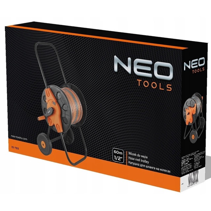 Neo Tools kerti tömlőkocsi, 60m, műanyag, 2 kerékkel, összecsukható fogantyúval