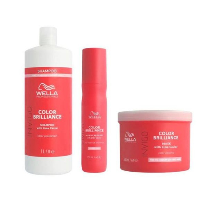 Pachet pentru Par Vopsit Fir Subtire/Normal - Wella Professionals Invigo Color Brilliance Fine/Normal: Sampon 1000 ml + Masca 500 ml + Spray Miracle BB 150 ml
