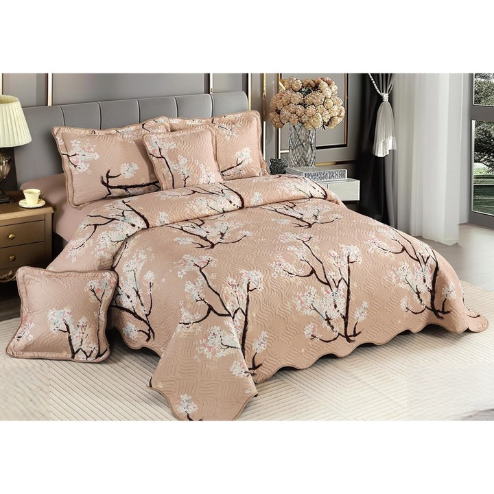 Set Cuvertura CHIRASO, Matlasata, din Bumbac Finet, pentru pat dublu, 5 piese: Cuvertura 230 x 250 cm, 2 fete de perna 60 x 80 cm, 2 fete de perna 55 x 55 cm, cu imprimeu ramuri cu flori, maro deschis