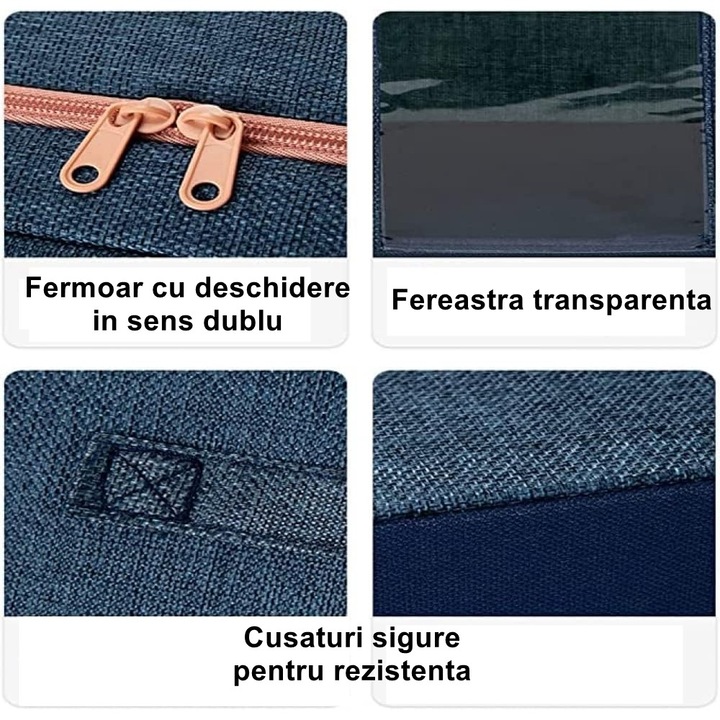 Cutie de Depozitare Pliabila, OEM, Cu Fermoar, 100 L, Textil, 60x42x40 cm, Cadru Metalic, Suport Baza Stabil din Plastic, Albastru Marin cu Doua Ferestre
