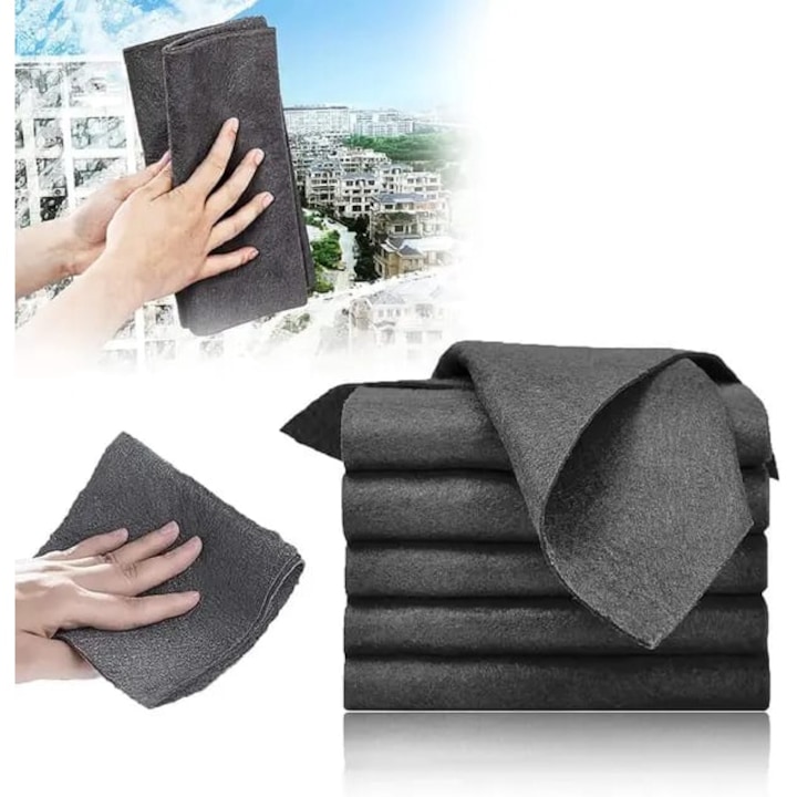 Set 5 Lavete magice pentru curatare fara urme, zgarieturi sau scame, multifunctionala, pentru geamuri, bucatarie, baie, masina, material microfibra, 30X30 cm, culoare gri