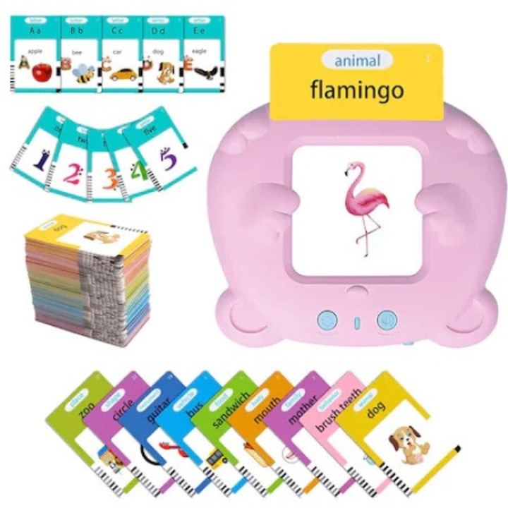 Dispozitiv interactiv de invatare a limbii engleze, tip Urs, cu 224 fete, 112 carduri educative si functie vocala, Roz