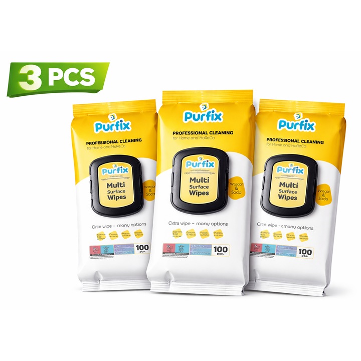 Pachet 3 X Servetele umede cu otet si bicarbonat Purfix, 100 bucati