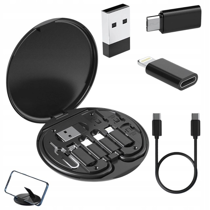 Set adaptor 5 in 1, Verk Group, USB-C, micro USB, USB tip A, Lightning, etui compact