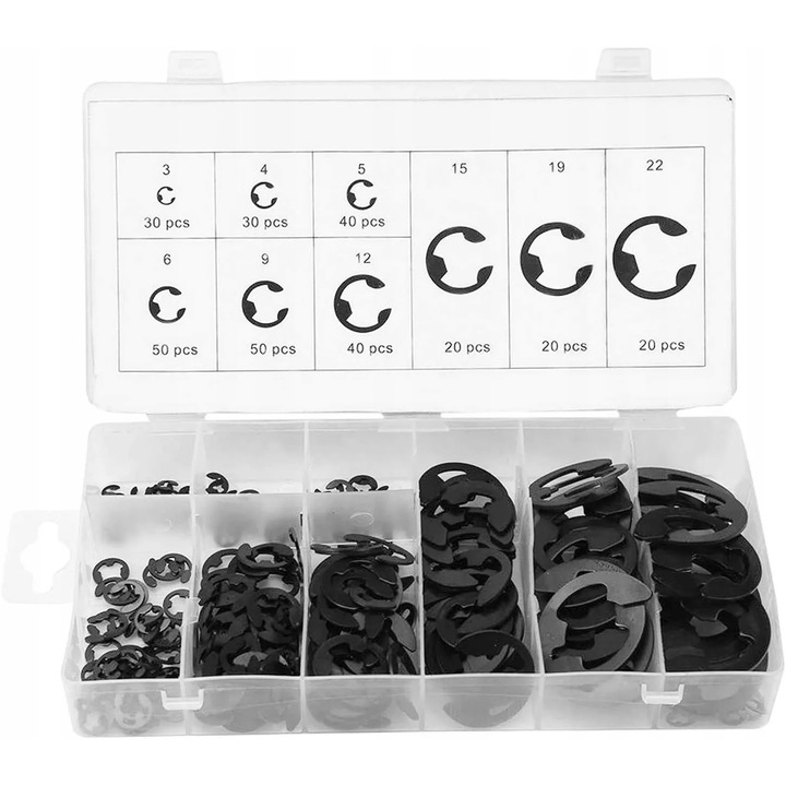 Set de inele e-clip, Asta, Segera, 300 bucati, Negru, Pentru fixarea elementelor in mecanica si automotive