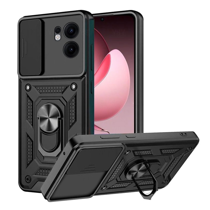 Калъф за телефон, съвместим с Oppo Reno13 F 4G / Reno13 F 5G, Rugged Shield LensProtect, Anti-shock, Плъзгащ се капак на камерата, Защита на обектива, Пълно покритие, Пръстен за захващане, Магнит, Черен