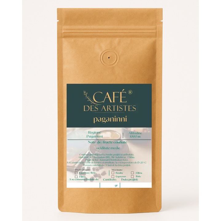 Cafea boabe, Cafe Des Artistes, Paganini, Arabica 80%, Robusta 20%, 1 Kg