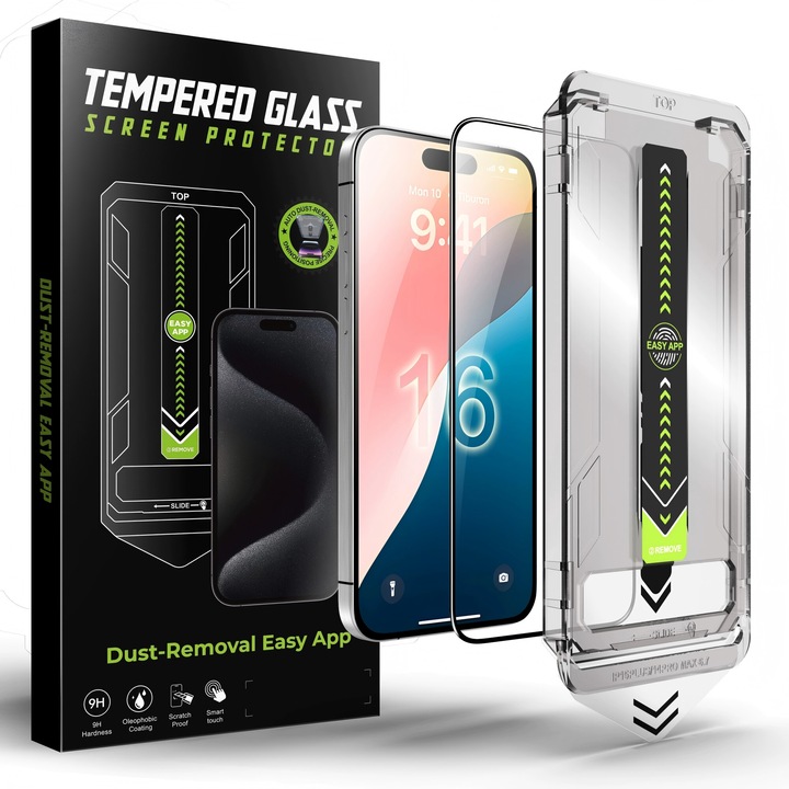 Комплект от 2 закалени стъклени протектора Bluvista за iPhone 16 Pro, 6.3", автоматичен монтаж, 9H защита