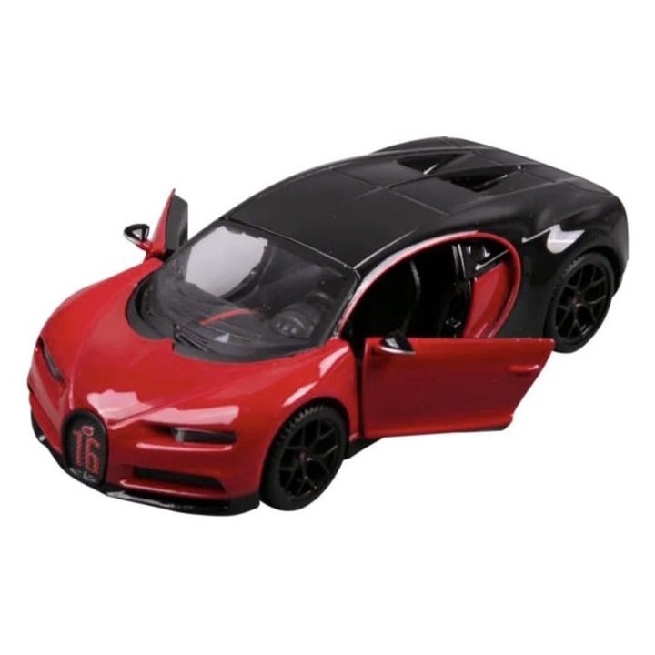 Masinuta metal mecanica, Bugatti Chiron Sport, scara 1:32, sunete, usi mobile, capota mobila, rotirea volanului, rosu/ negru, 15 cm