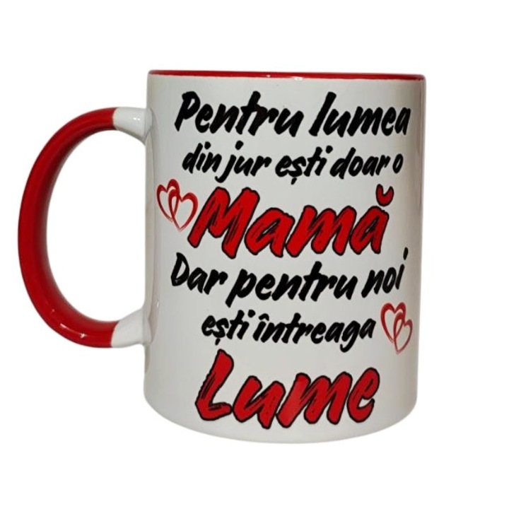 Cana personalizata cu mesaj pentru Mama, alba cu interior si maner rosu, ceramica, 330 ml