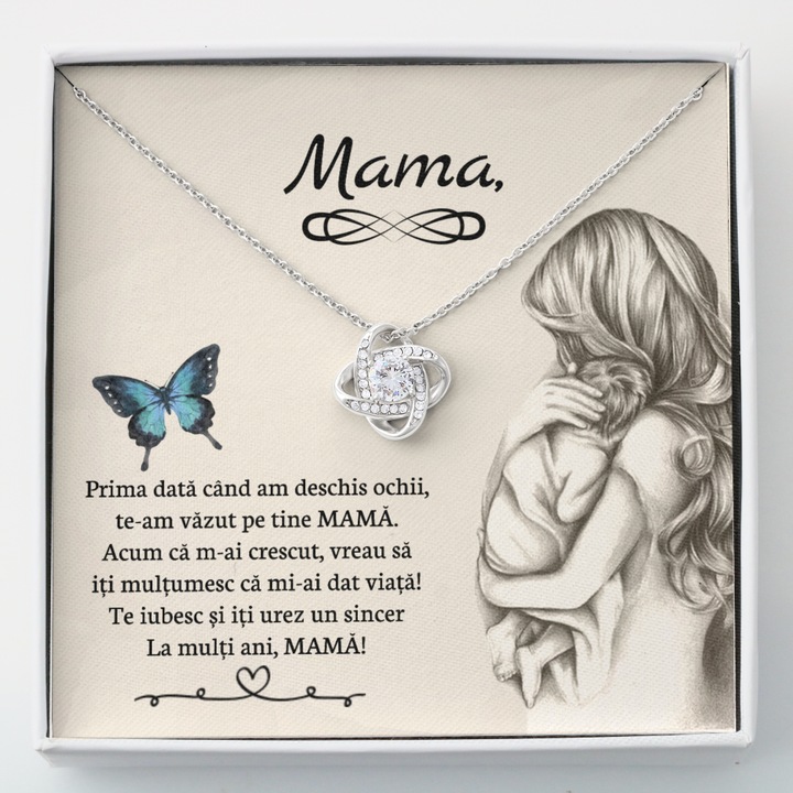 Set Cadou Pentru Mama, JOYSTOS, Colier din Argint 925 cu Pandant Nod, Placat Cu Aur Alb 14K, Si Ambalare Hartie Matase Cu Inimioara Lemn, Card Cu Mesaj Pentru Mama Ta, de ziua Mamei, 8 Martie