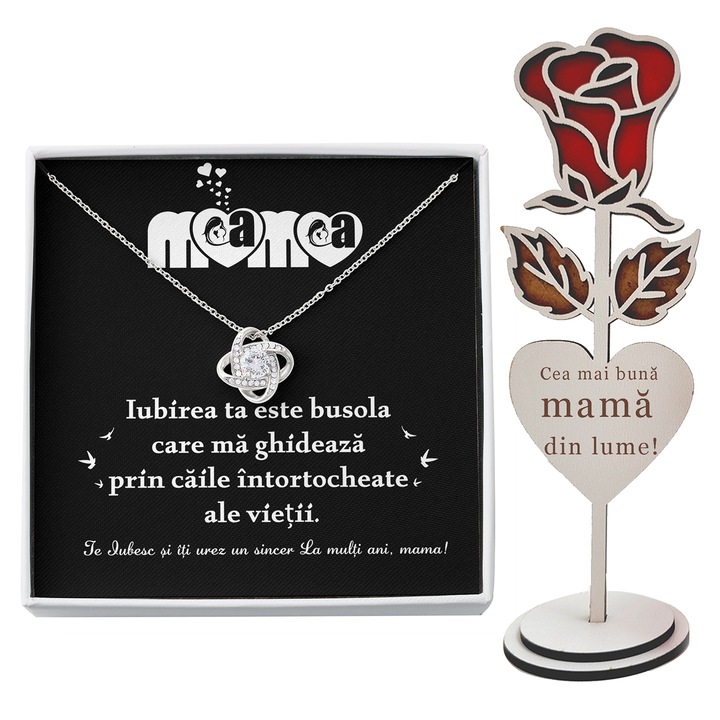Set Cadou Pentru Mama, Joystos, Colier Argint 925 cu Pandant „Nodul Iubirii„ placat cu Aur Alb 14K. si Card Personalizat pentru Mama, Trandafir Lemn Gravat cu „Cea mai buna mama din lume” si Card Razuibil Pentru Mama