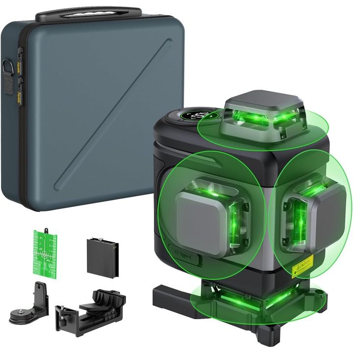 Професионален лазерен нивелир Fanttik D16 APEX, 4 x 360°, 16 самонивелиращи се линии с LED дисплей за конструиране, акумулаторна батерия 5200 mAh, магнитен държач и куфар за носене