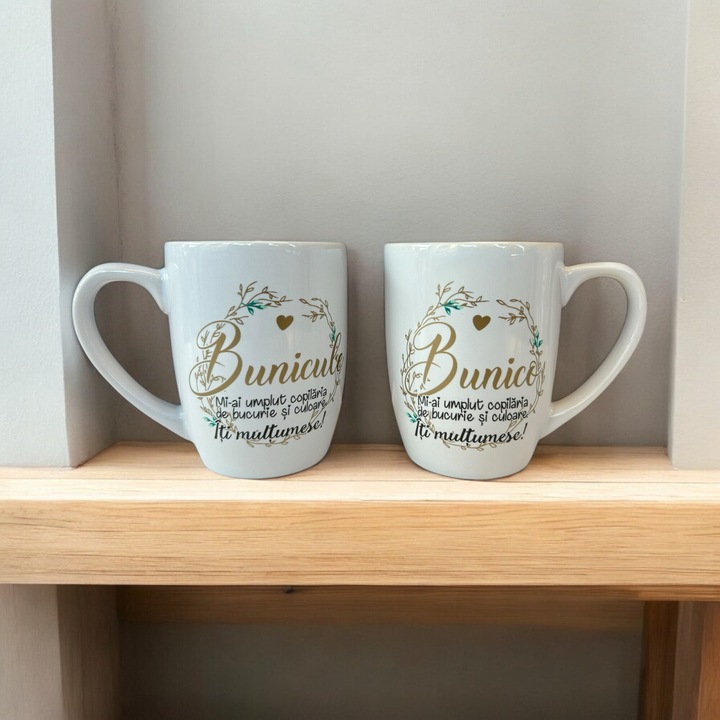 Set de 2 cani albe, in pereche, pentru bunici, cadou personalizat, Dady, "Mi-ai umplut copilaria de bucurie si culoare, iti multumesc!", pentru ceai sau cafea 300 ml