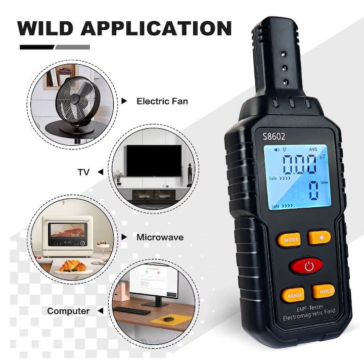 Детектор SkyTechs® 3-в-1 електромагнитен радиационен брояч EMF измерва електрическо поле, магнитно поле и температура, звукови и светлинни сигнали, LCD дисплей, употреба у дома, в офиса и индустриална