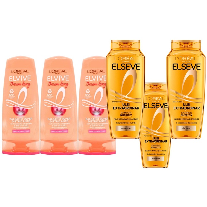 Set 6 x Loreal Elseve Variety, 3 x Balsam 200ml Dream Long Descurcare Instanta Keratina+Vitamine+Ulei de Ricin, 3 x Sampon 400ml Ulei Extraordinary, testat dermatologic, prospetime de lunga durata, delicat pentru scalp, non-toxic, eco-friendly