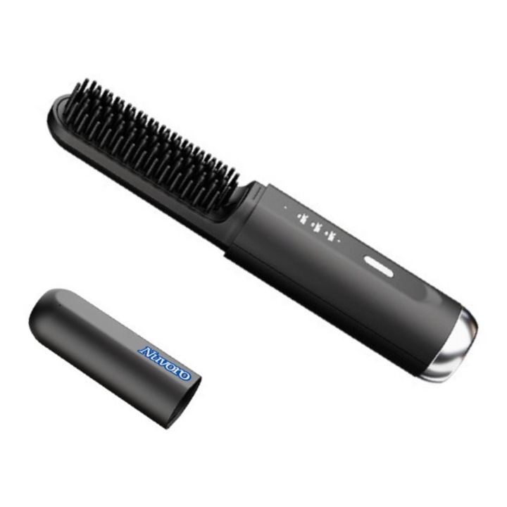 Perie de par electrica Nuvoro pentru indreptarea parului, wireless, incarcare USB tip C, 3 trepte de temperatura, baterie 4000 mAh, Negru