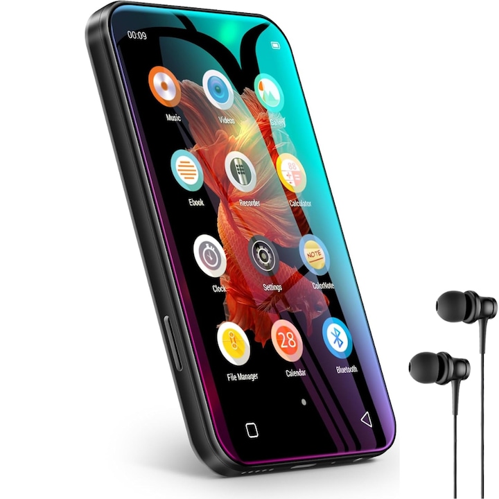 MP4 lejátszó érintőképernyővel, 4 hüvelykes képernyő, 72 GB memória, SD kártya 512 GB-ig, Bluetooth, 1800 mAh akkumulátor, hangszóró, HiFi hang, FM rádió, e-könyv olvasás, hangrögzítés, hordozható, USB-C, fejhallgató mellékelve, fekete