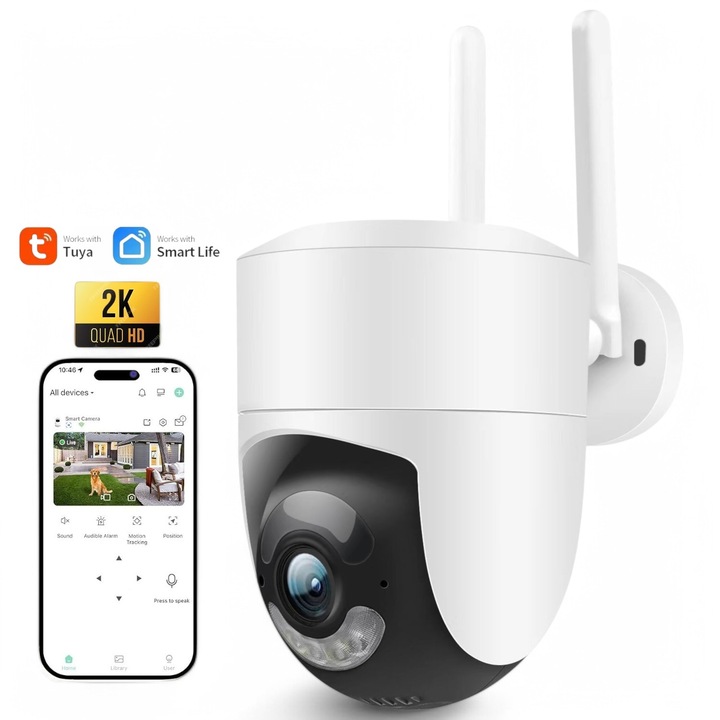 Камера за видеонаблюдение LONDEMM 2K, 4MP QUAD HD 1440P, WiFi, Tuya/Alexa/GoogleHome/SmartLife Compatible, PTZ, Pan&Tilt, Сигнали за откриване на движение, Аларма, Нощно виждане, Двупосочно аудио, IP65 Водоустойчивост, На открито, Матово бяло