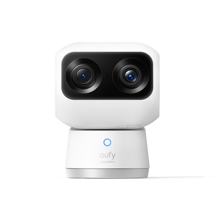 Камера за вътрешно наблюдение eufy Security S350, двойна камера, Pan&Tilt, 4K UHD резолюция, 8× увеличение, 360° PTZ, AI, двулентов Wi-Fi бял