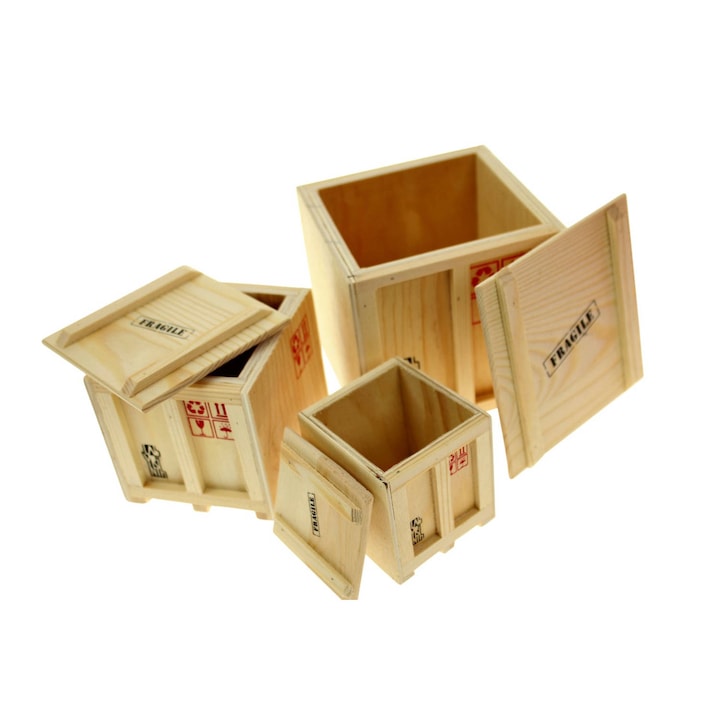 Set 3 cutiute depozitare tip cargo, lemn, Labyrinth, 9, 6 x 9, 6 x 9, 6 cm