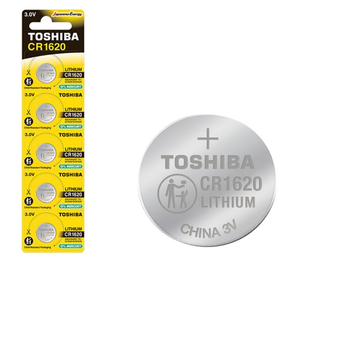 Set 5 baterii Litiu 3V CR1620, tip moneda, Toshiba 10810, in blister CR1620