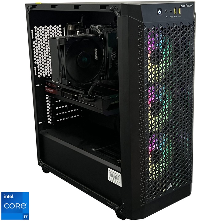 Sistem Desktop PC Gaming Serioux cu procesor Intel® Core™ i7-13700F pana la 5.2GHz, 32GB DDR5, 2TB SSD, Sapphire AMD Radeon™ RX 7700 XT Pulse 12GB GDDR6, No OS, Black