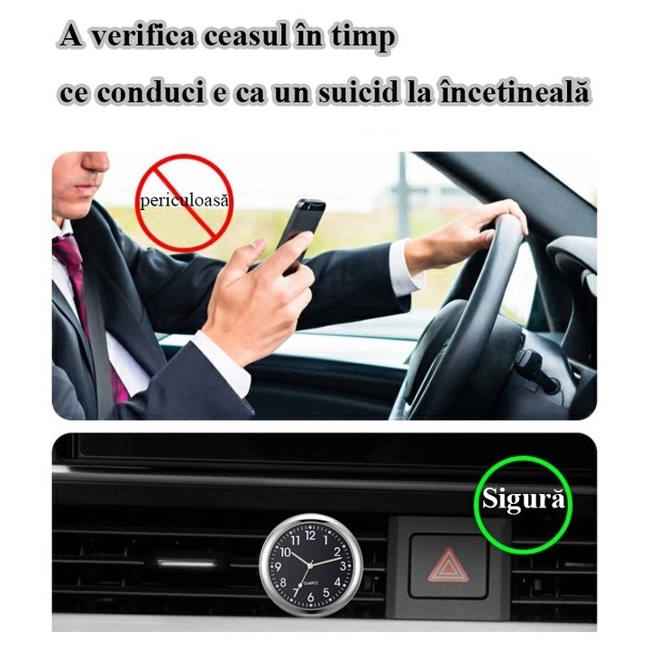 Ceas de bord auto, portabil, quartz, compact, Rotund, luminous, 40cm, Negru