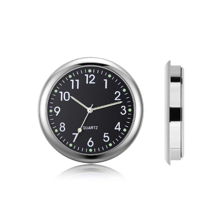 Ceas de bord auto, portabil, quartz, compact, Rotund, luminous, 40cm, Negru