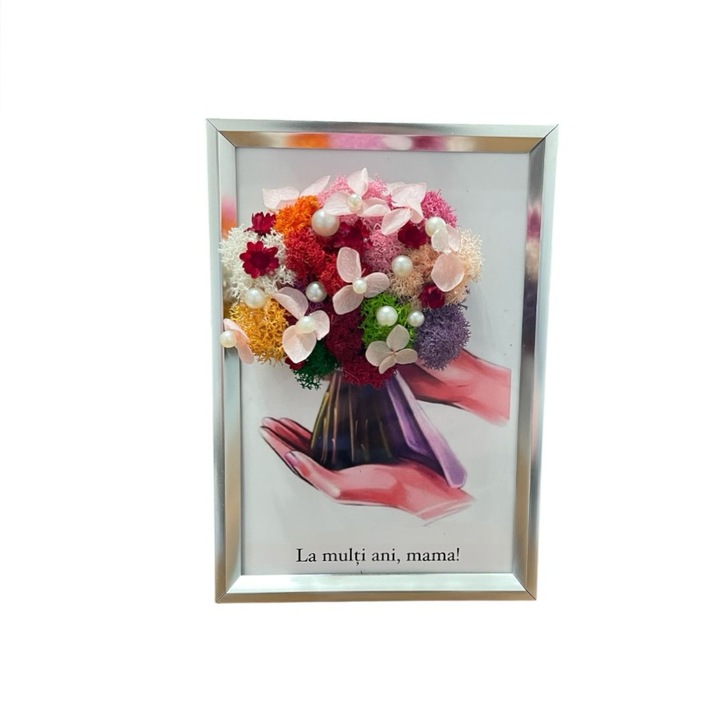 Tablou decorat cu licheni naturali stabilizati si flori criogenate si mesajul,, La multi ani!'', dimensiune 10x15, rama gri